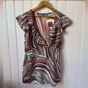Mexx Red, White & Brown Abstract V-Neck Blouse